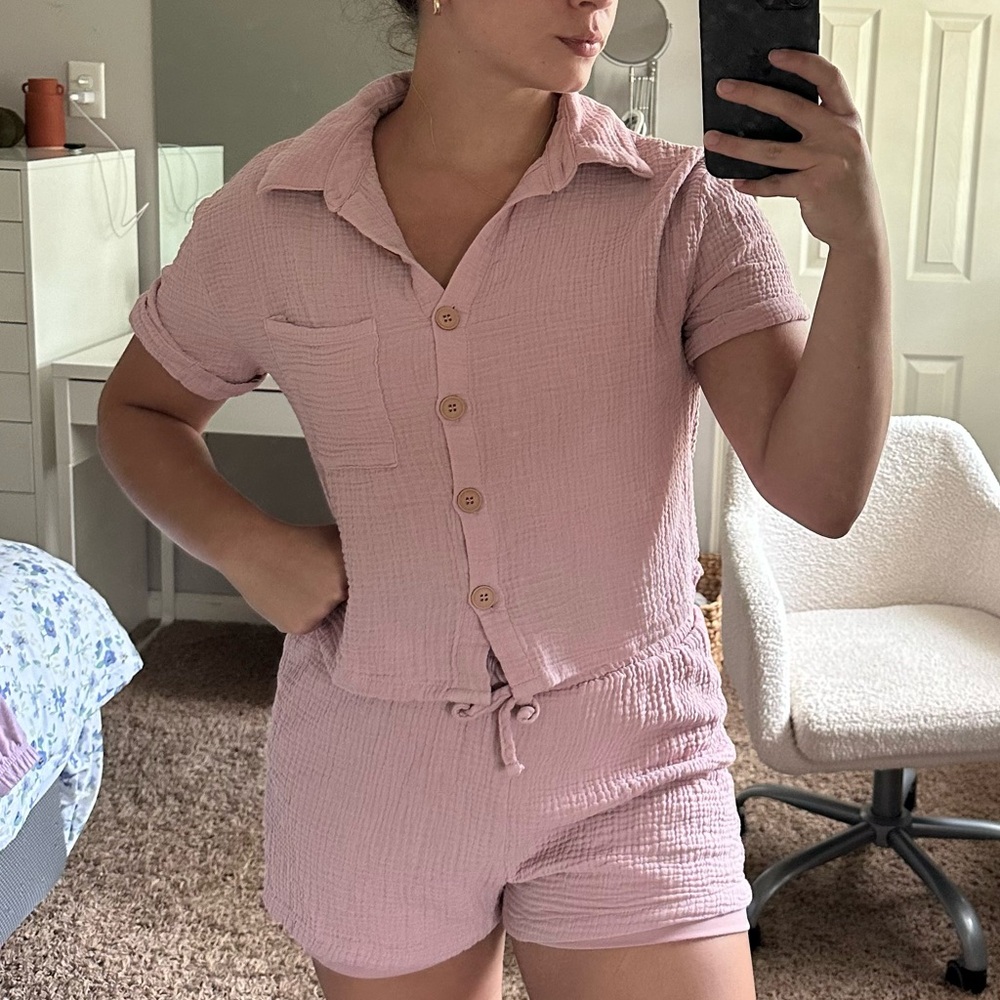 Rachel Paige matching blush color button up short set